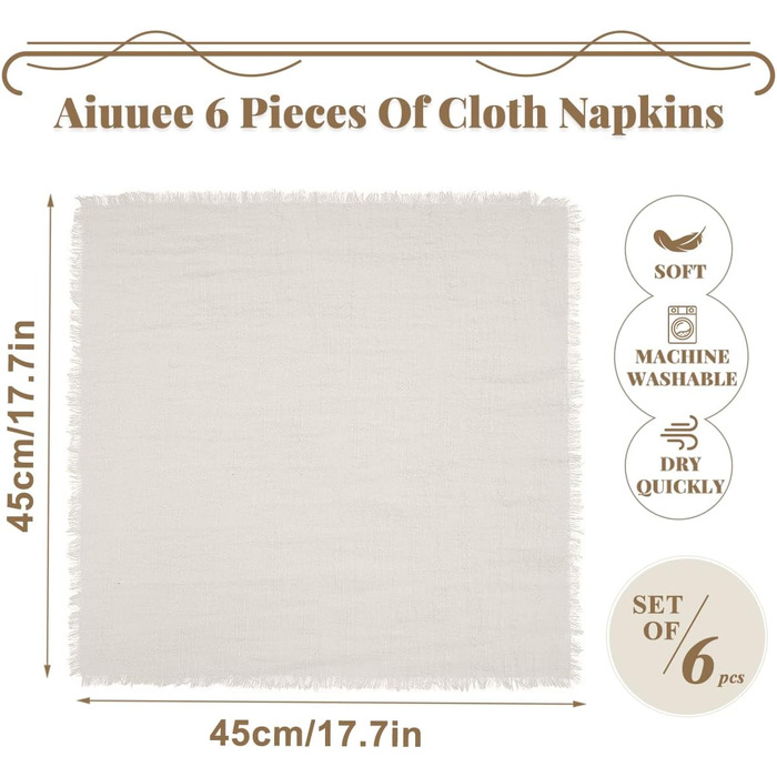 Aiuuee 12-Piece Cloth Napkins 45x45cm, Cotton Napkins with Fringe, Washable Fabric Napkins for Tablecloths for Wedding Family Meals Parties Birthday and Table Decoration (Beige)