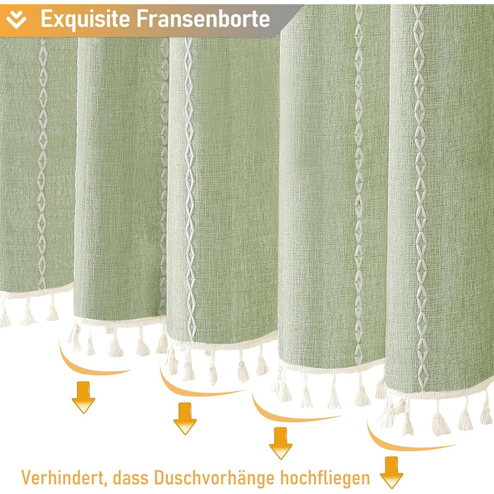Шторка для душу BTTN 182 x 200 см, Бохо Ферма, важка тканина з рустикальним дизайном та бахромою, Водостійка, з 12 гачками, (Зелений, смугастий, H200 x B180 см (1 шт))