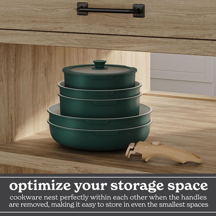 Набір посуду Country Kitchen 13 предметів: каструлі та сковорідки з антипригарним покриттям, знімний ручка, для кухні, кемпінгу, духовки (сіро-зелений)