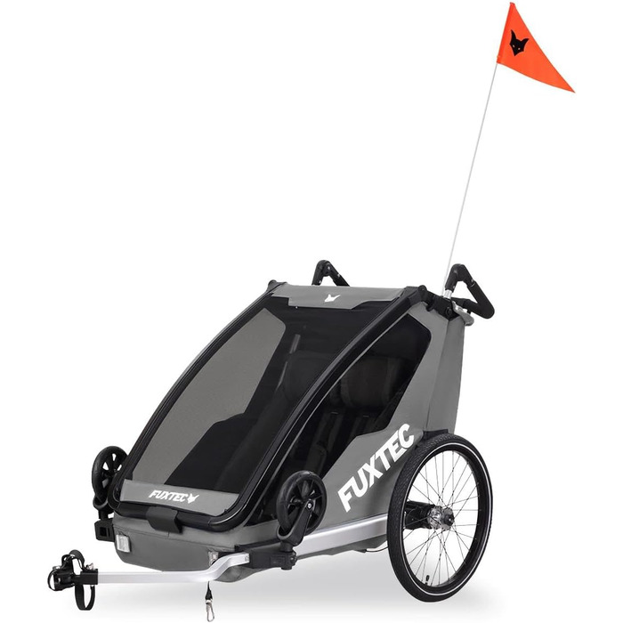 Причіп для велосипеда Fuxtec Sportfux на 2 місця, з багажником, відбивачами, ручкою-штовхачем, захистом від дощу та сонця, складний, фіолетовий FX-FA1 (сірий)