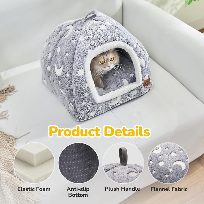 CATISM Cat Cave Cat Bed Glowing Cat House Cozy Cave Foldable Washable Comfortable Cat Sleeping Place for Cats Kittens Puppies with Removable Cat Head Pillow 40x40x38cm