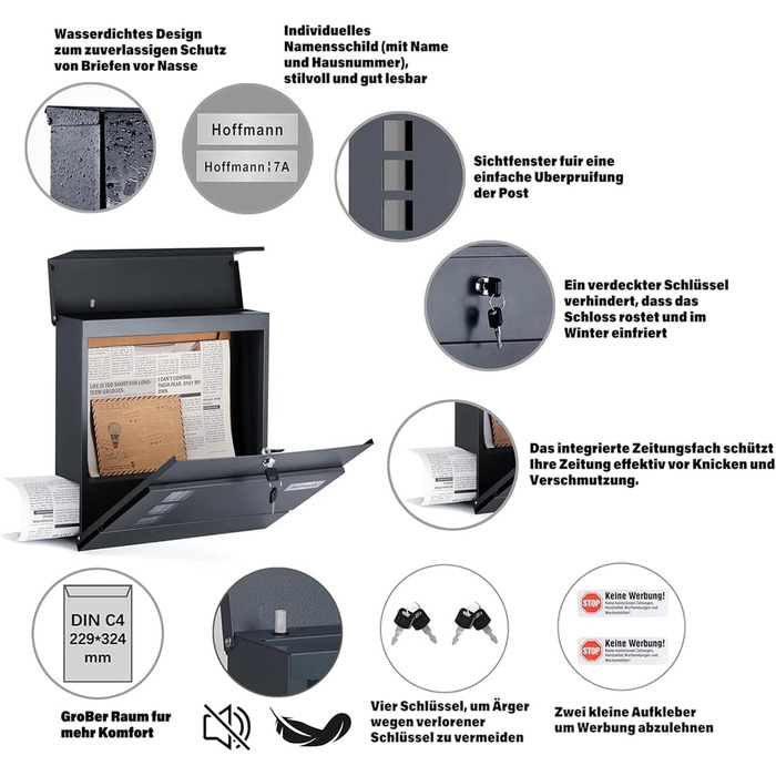 Поштовий ящик Zedelmaier з нержавіючої сталі, індивідуальне гравіювання, з газетницею, замком та 2 ключами, антрацит 33x31x10 см