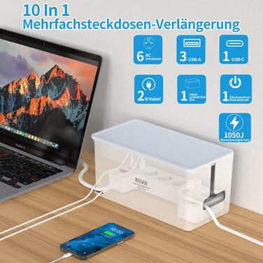 Блок розеток BEVA з прихованими роз'ємами, 3680W/16A, захист від перенапруги 1050J, 6 розеток + 3 USB-A + 1 USB-C (15W), з вимикачем, білий, 2м кабель