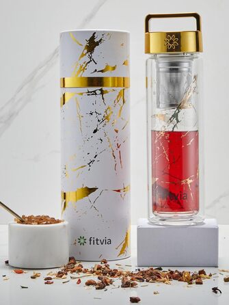 Термопляшка Fitvia 380 мл з подвійними стінками, мармуровий дизайн, сито для чаю, зручна ручка (Золотий мармур)