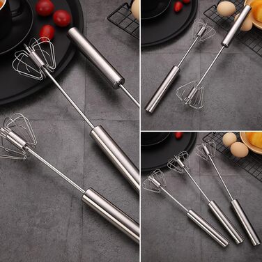 Semi-Automatic Stainless Steel Egg Beater, Semi-Automatic Egg Beater, Semi-Automatic Stainless Steel Egg Beater, Rotating Push Mixer Whisk for Whipping, Beating, Stirring (3PCS)