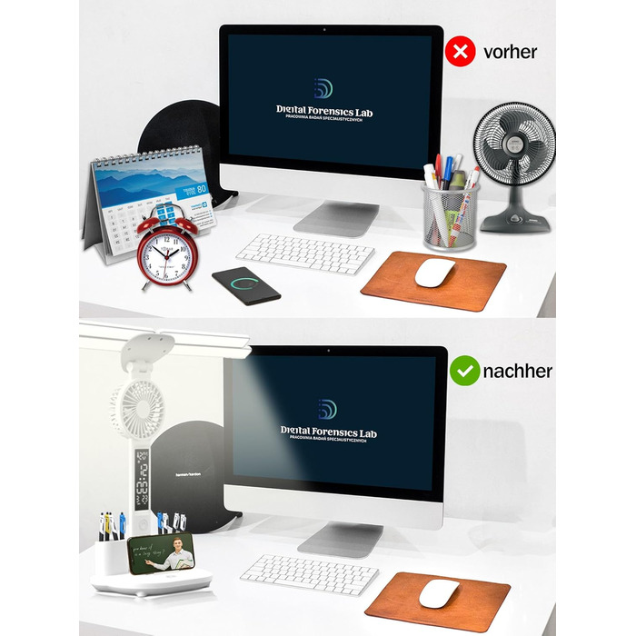 LED-лампа настільна з вентилятором для дітей WLHONG з годинником, тримачем для ручок, календарем та датчиком температури, 3 режими кольору, регульована яскравість, ідеальна для читання