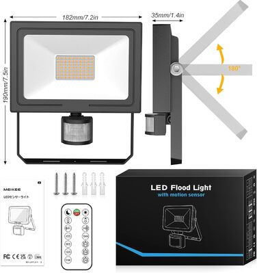 MEIKEE 15W LED Floodlight with Motion Sensor, Remote Control, 2700K Warm White, 150-1200 LM, Outdoor Floodlight LED, IP66 Waterproof Spotlight, Outdoor Light for Garden, Garage, Sports Field, 2PCS (60 Watt)