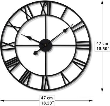 HAITANG Large Vintage Wall Clock, Black Round Metal Wall Clock Silent No Ticking, Battery Operated, 47cm Roman Numerals, Clocks for Living Room, Bedroom, Kitchen Decoration