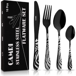 Набір столових приборів CAMRI – 16 предметів, нержавіюча сталь, набір для 4 осіб, легко миється (креузо-чорний візерунок)