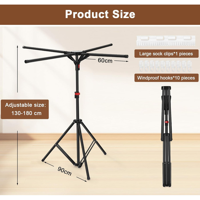 Сушарка для білизни Standtrockner з 4 крилами, 10 гачків та кліпсою для шкарпеток. Складана, регульована по висоті, для дому, балкону, кемпінгу (чорний)