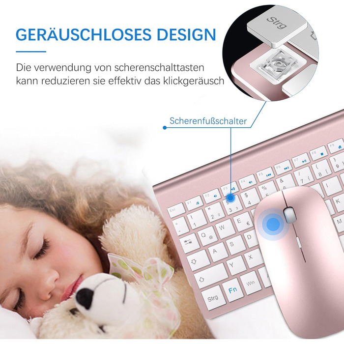 Комплект клавіатури та миші TopMate 2.4G Ultra Slim: тиха клавіатура з перемикачами Schissschalter та миша 2400DPI USB, з чохлом та батарейками AA/AAA, для ПК/ноутбука/Windows/Mac (Рожеве золото, Білий)