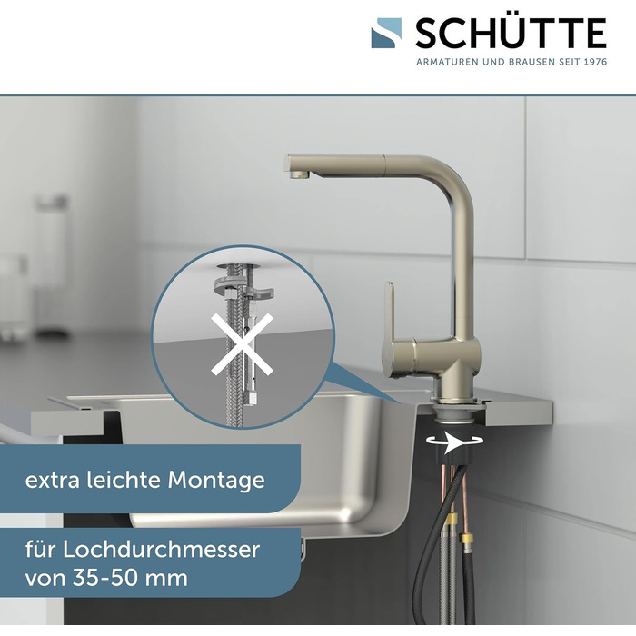Кухонний змішувач SCHÜTTE LONDON з висувною лійкою, поворотний на 360°, з однорідним змішувачем, нержавіюча сталь, 29,8 см, високий тиск