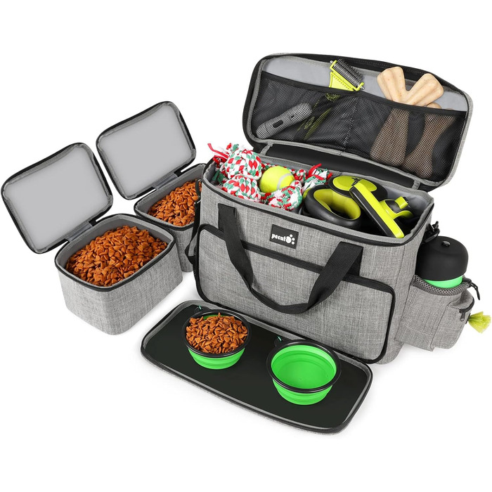 Переносна сумка для собак Pecute, велика переносна сумка для тварин, з 2 кишенями та 2 мисками для собак, сумка для подорожей з собакою, для поїздок, кемпінгу або щоденних прогулянок, сірого кольору 42 * 18 * 30 см, Класична L (42*30*18 см)