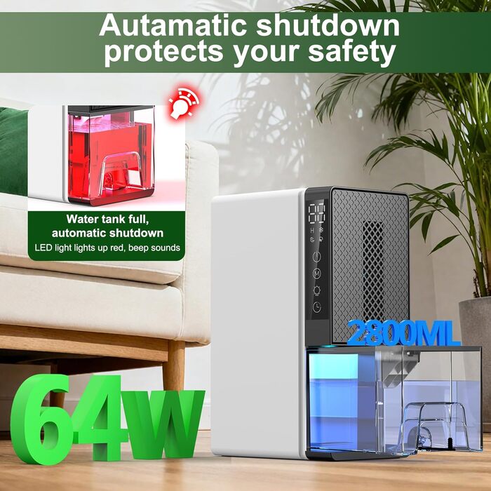 Електричний осушувач повітря 2700 мл з автоматичним вимкненням, таймером, нічним режимом та 7-кольоровим нічним світлом, портативний для дому, ванної кімнати, підвалу (600 мл/24 год)