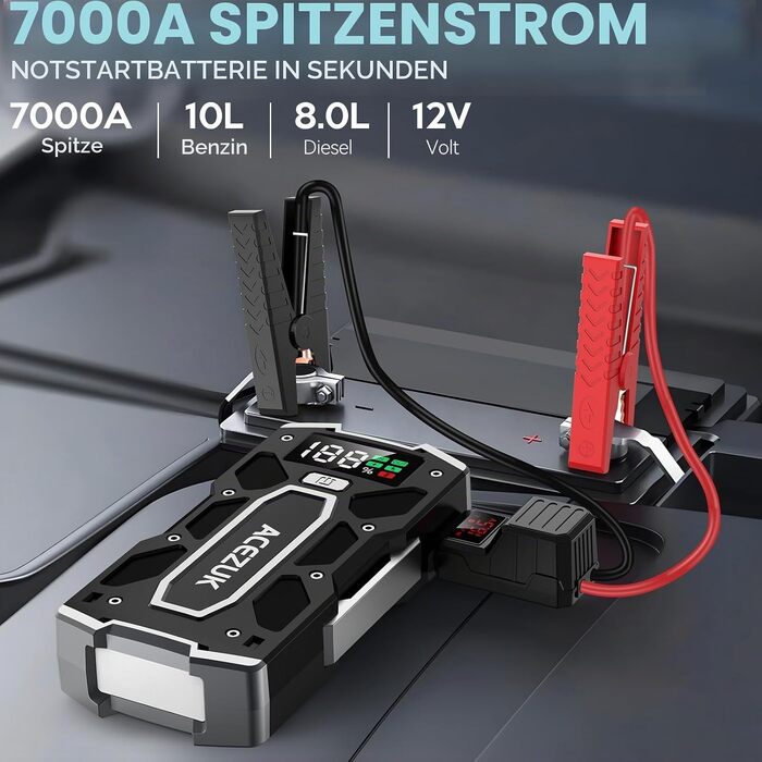 Бустер для автомобіля ACEZUK 6000A — Пусковий пристрій (Powerbank) 12V для бензинових (до 7.0L) та дизельних (до 5.5L) двигунів, з LED-ліхтарем та цифровим дисплеєм для авто, SUV, мотоциклів