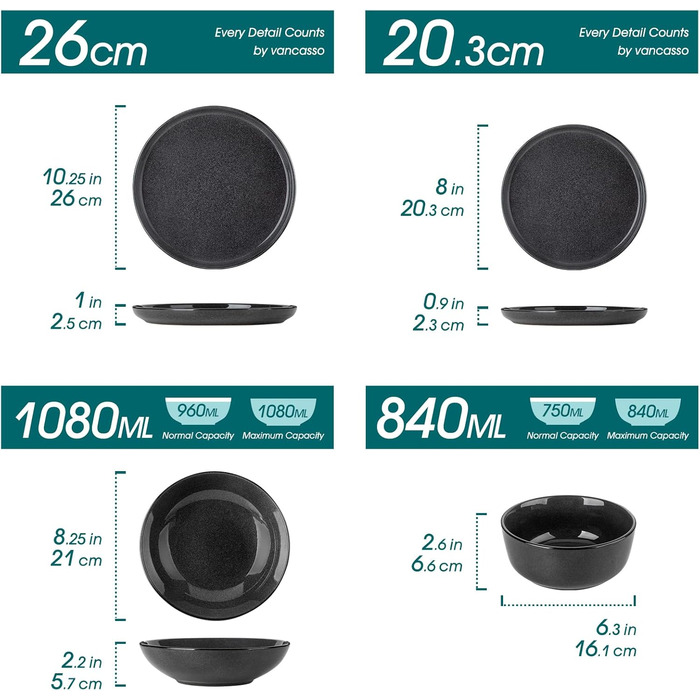 Набір посуду Steingut vancasso ANYA (48 предметів) – сучасний сервіз для 6 осіб (сірий)