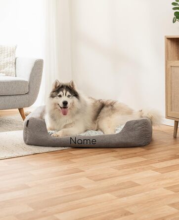 Lionto Dog Basket with Fluffy Reversible Cushion, Cozy Pet Bed in Melange Design with Deep Entry for Dogs & Cats of All Sizes, 80x60 cm, Soft Dog Bed, (Grey, L 110 x W 80 x H 28 cm (with name tag))