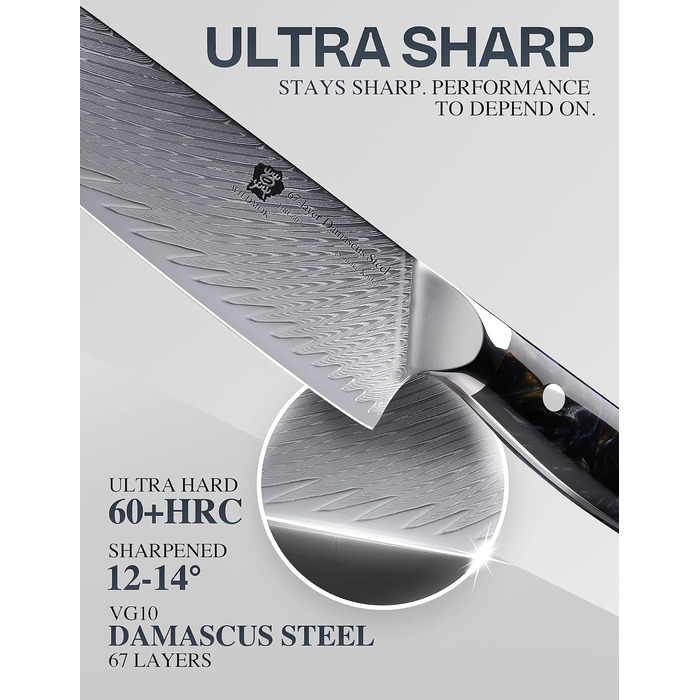 Ніж кухонний професійний Santoku WILDMOK 17 см, VG10 дамаська сталь, ергономічна рукоятка, для дому та ресторану