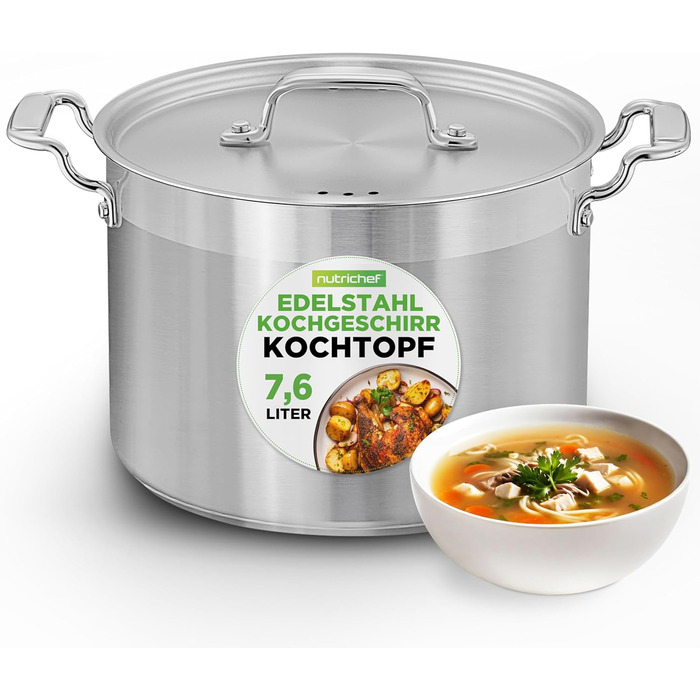 NutriChef Каструля з нержавіючої сталі 8 л 18/8 – Великий суповий та жаровий горщик з кришкою, підходить для індукції, кераміки, галогенових плит, для супів та рагу, харчова сталь, можна мити в посудомийці