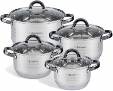 Набір каструль та сковорідок EliteHoff Induktion (8 предметів) з нержавіючої сталі, з кришками та чорними ручками, для всіх типів плит