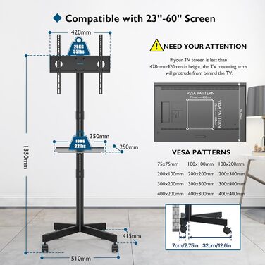 Підставка для телевізора BONTEC на коліщатках для плазмових/LCD/LED телевізорів 23-60 дюймів, з полицею для ноутбука, регульована по висоті, чорна (до 25 кг, VESA 400x400 мм)