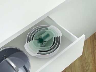 Joseph Joseph Nest 9 Plus, 9-piece compact food preparation set with mixing bowls, measuring cups, colander and sieve, Editions Range, Sage Green, Green