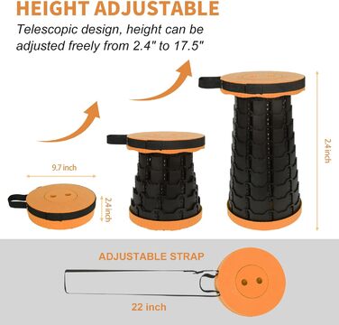 Крісло-телескоп для кемпінгу, регульована висота 6-45 см, вантажопідйомність 181 кг, портативне з ременем для перенесення (Помаранчеве - 1 шт.)