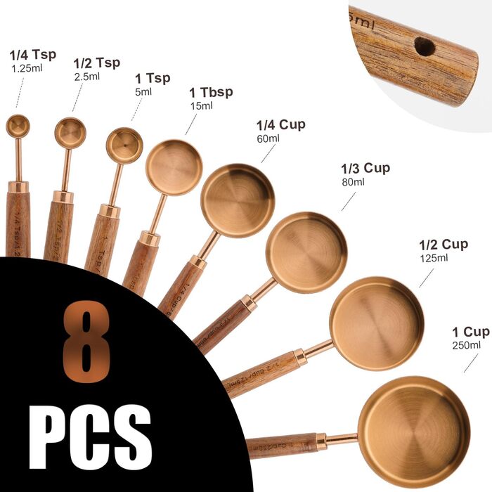 Gold Measuring Cup and Spoon Set with Wooden Handles, Premium Stainless Steel Measuring Spoons and Cups Set, for Cooking and Baking in the Kitchen (Bronze)