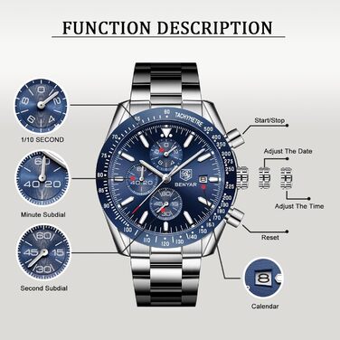 Годинник чоловічий BENYAR з хронографом, кварцовий, водостійкий 30M, з датою, для активного відпочинку, спортивний, шкіряний (блакитний)