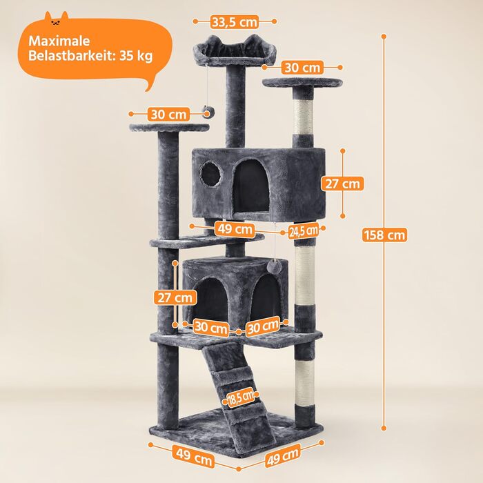 Кігтеточка для котів Yaheetech, велика, 158 см, з 3 платформами, 3 стовпчиками для заточування, 2 будиночками, м'ячиками, сірого кольору