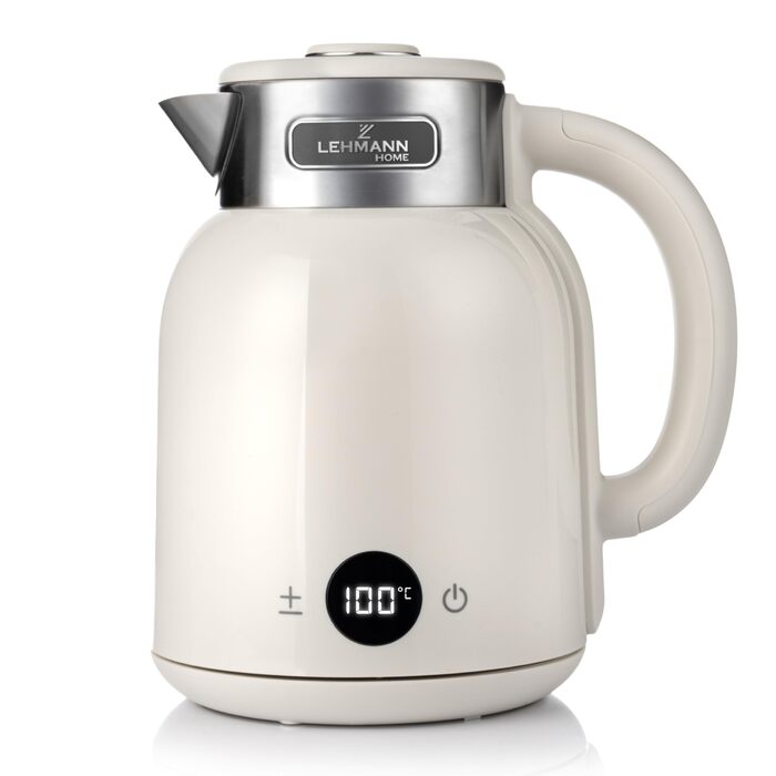 Електричний чайник LEHMANN з регулюванням температури 40-100°C, 1,5L, функцією підігріву, швидким нагріванням, LED-дисплеєм, нержавіючою сталлю, автовимкненням та захистом від перегріву, BPA-free, кремовий