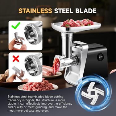М'ясорубка електрична Hanchen 4-в-1 з насадками для ковбас та печива, 3 диски (3.5/5/7 мм), нержавіюча сталь