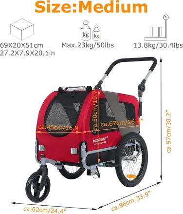 DOGGYHUT® Преміум візок для собак 2-в-1: візок-бугель для собак до 23 кг (червоний)
