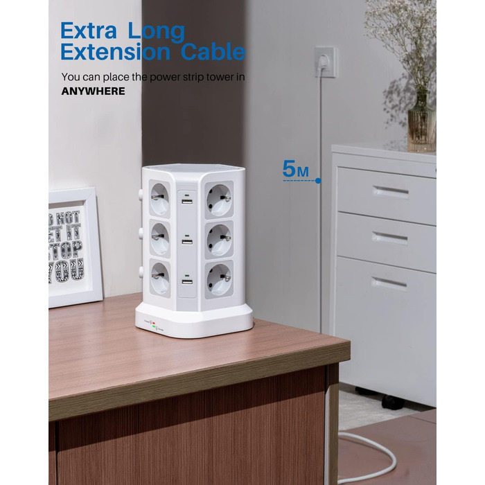Стедова колонка KOOSLA з 12 розетками, захистом від перенапруги (4000W/16A) та 6 USB, 5м, білий - для офісу, кухні, столу