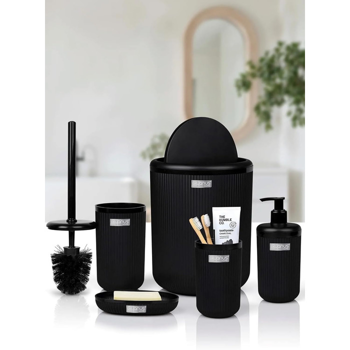 Набір аксесуарів для ванної кімнати Luxus Modern: тримач для зубних щіток, стакан, контейнер для ватних паличок, тримач для туалетного йоржика, мильниця, сміттєвий бачок, дозатор мила (5 предметів, чорний)