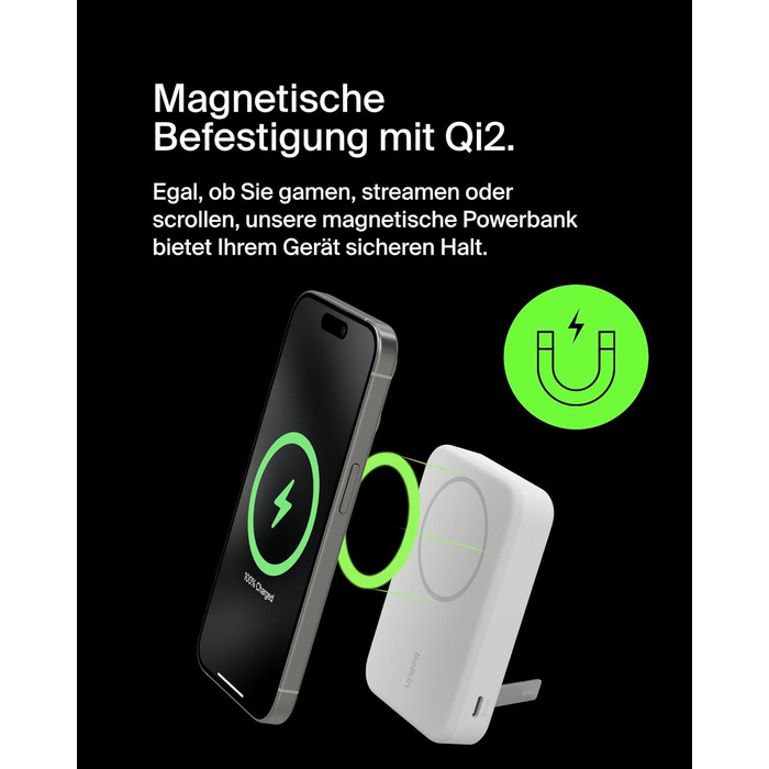 Бездротовий павербанк Belkin BoostCharge Pro 10000mAh з підтримкою Qi2 та MagSafe, портативний зарядний пристрій зі стійкою для iPhone 16, 15, 14, Pixel — Білий