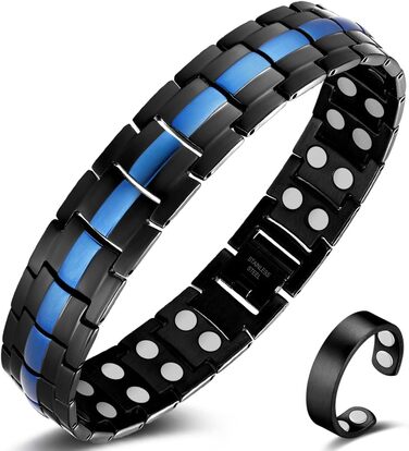 Браслет магнітний чоловічий Vicmag з титанової сталі, подвійний ряд, надміцна магнітна застібка, інструмент для регулювання та подарункова коробка (синє оздоблення)