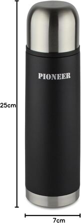 Pioneer Stainless Steel Insulated Flask with Button Lid & Cup - 1.0L Double-Walled Vacuum, 8H Hot, 24H Cold, Leak-Proof, BPA-Free - Black