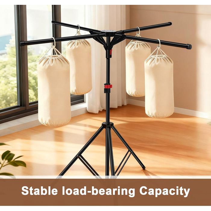 Сушарка для білизни Standtrockner з 4 крилами, 10 гачків та кліпсою для шкарпеток. Складана, регульована по висоті, для дому, балкону, кемпінгу (чорний)