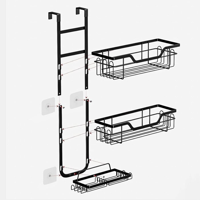 Поличка для душу без свердління, чорна, настінна, для скляних дверей, з 3 кошиками для шампуню та гелю для душу, стильна модель A