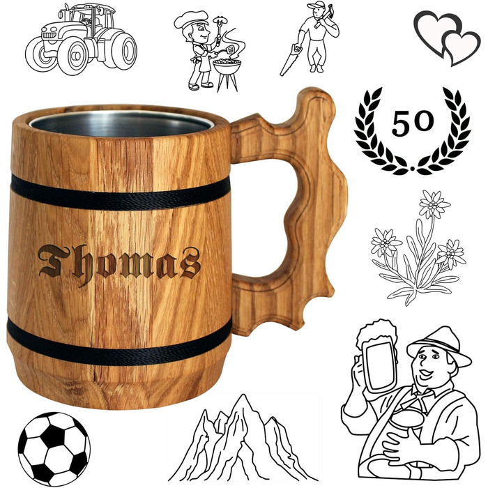 Personalized Beer Gift - Wooden Beer Stein with Stainless Steel Mug 0.5 L - Engraving with Name - for Men, Father, Beer Drinker - Popular Alternative to Beer Glass, Mug, Tankard