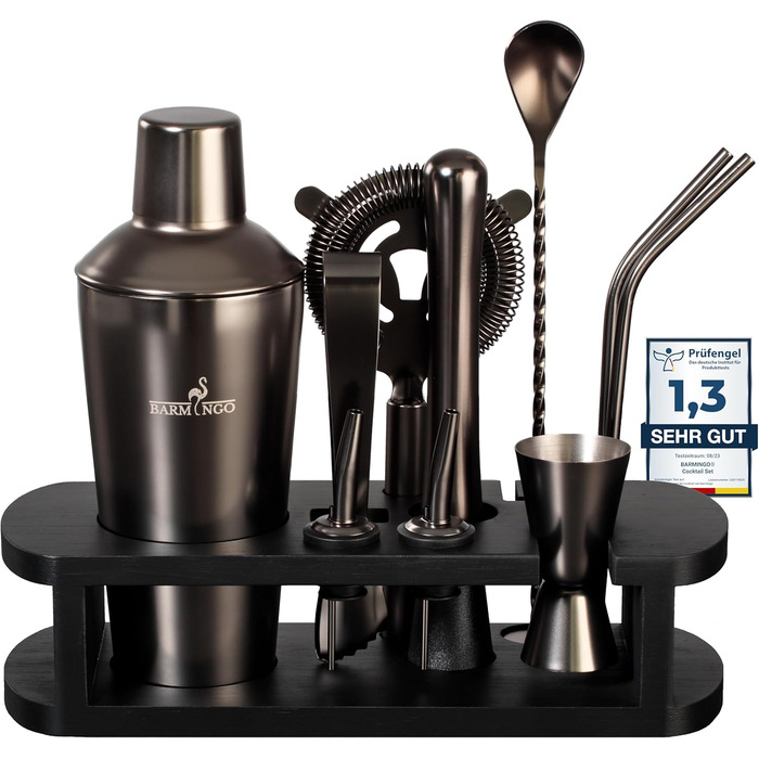 BARMINGO Stainless Steel Cocktail Set - 11 Piece Bar Set with Shaker, Stand & Accessories | Cocktail Shaker Set | Bartender Set | Cocktail Mixing Set | Bar Set | Gift Set | Black Metallic Black