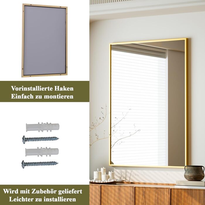 Дзеркало настінне прямокутне Beautypeak 81x61 см з металевим каркасом, безпечне для ванної кімнати, спальні, вітальні, золотий колір