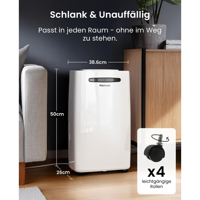 Про Breeze - відбійник повітря 20 л/24 год. Підходить для приміщень до 30 м². 4 режими роботи, цифровий дисплей, шланг для зливу, функція сушіння білизни, таймер. Захист від вологи та плісняви.