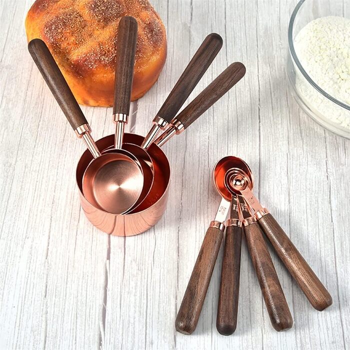 FBHappiness 8-Piece/Charge Stainless Steel Measuring Spoon Set with Walnut Wood Handle, Copper Measuring Cup Set for Baking and Cooking (Color: A, Size A