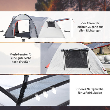 Outsunny 5-Person Tent - Tunnel Tent with Bedroom, Carry Bag, 2000mm Water Column, Mesh Windows, Grey | Aosom