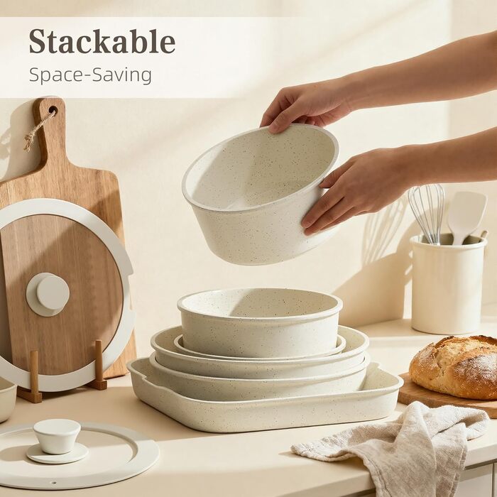 Набір каструль та сковорідок RIOVARM з знімними ручками: антипригарне покриття, кришки, сковорода для омлетів, гриль-сковорода, для всіх плит, стакельні каструлі