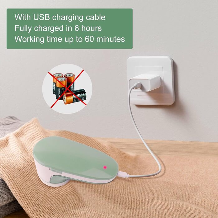 Електричний видалення ворсу для одягу та вовни з USB-кабелем та 2 змінними лезами (зелений)