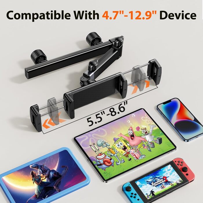 Тримач для планшета в авто, [алюмінієвий довгий кріплення] Тримач для планшету на підголівник авто, [надійно фіксується] Тримач для iPad в авто, чорний, H2