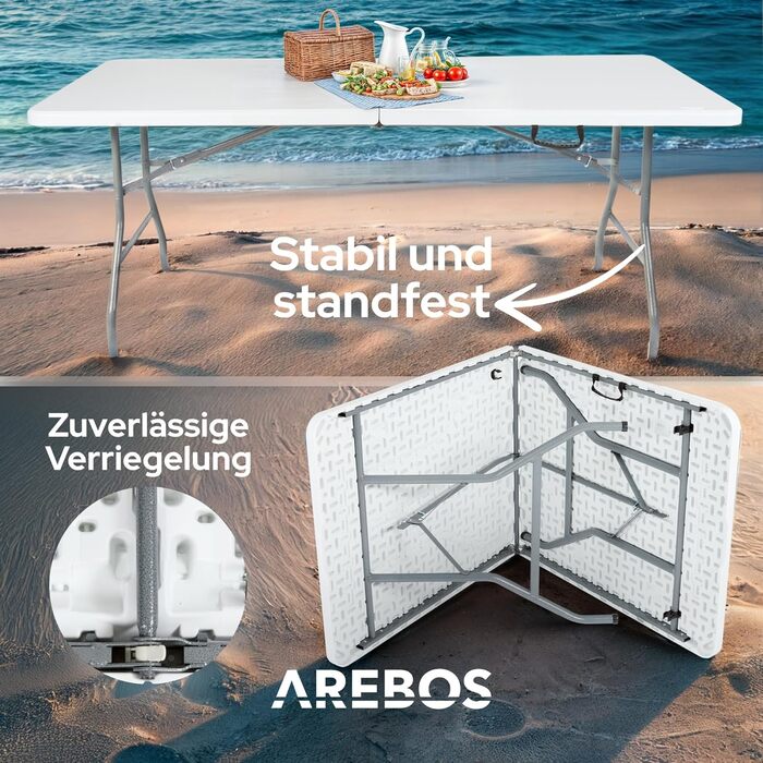 Складаний садовий стіл Arebos Buffettisch – 182 x 74 x 74 см, білий | для 8 осіб | з ручкою для перенесення | стіл для тераси, балкону та кемпінгу